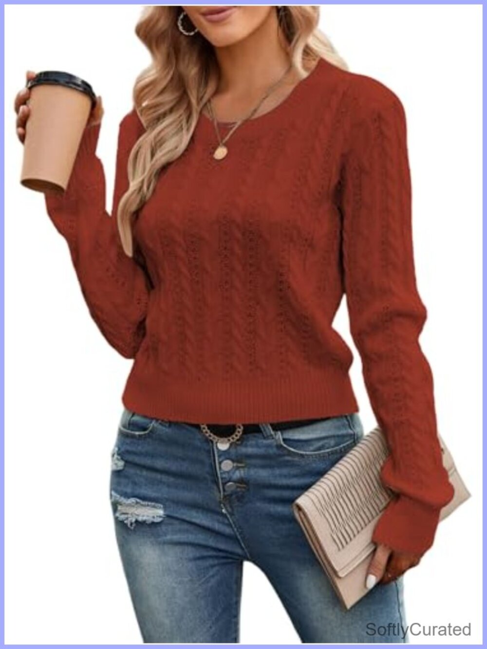 Cable Knit Cropped Sweater Long Sleeve Crewneck Pullover Top